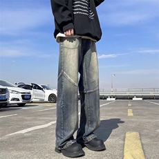 美式高街vibe复古做旧拼接牛仔裤男嘻哈设计感宽松阔腿垂坠感裤子，男装牛仔裤，星座410-6（原星座1304-1）