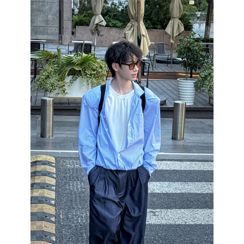 C316CS2521P68拼接撞色长袖衬衫假两件衬衣时尚百搭蓝色潮,男装衬衫,电商C316