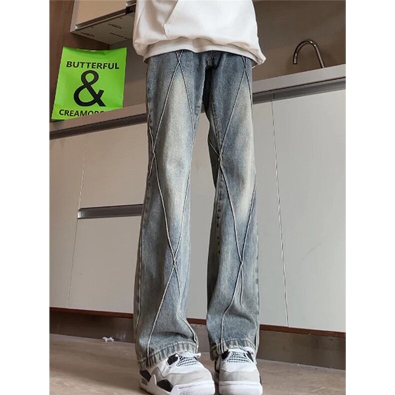 美式复古拼接分割直筒牛仔裤男女痞帅炸街高街微喇裤WLD8000-P45,男装牛仔裤,星座1008