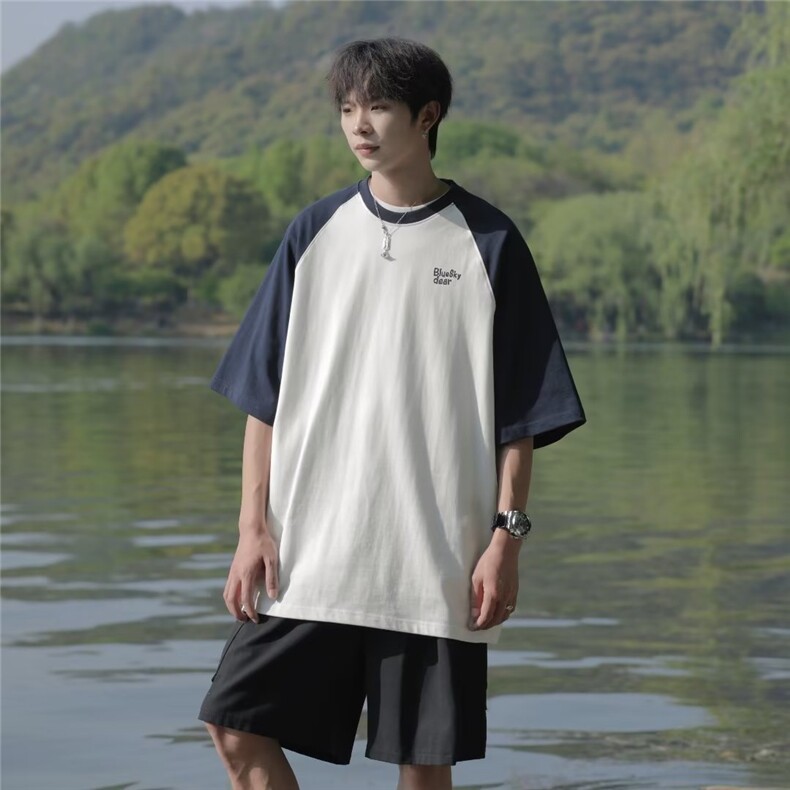 短袖T恤夏季城市风貌撞色半袖学院风五分袖男新款圆领纯色T708,男装T恤,星座1116A-1（原606A）