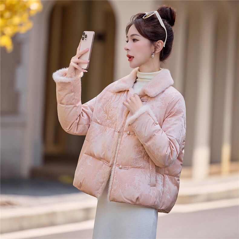 现货.新中式提花羽绒服2025年冬季新款高级感优雅时尚气质外套,女装羽绒服,尚洛菲