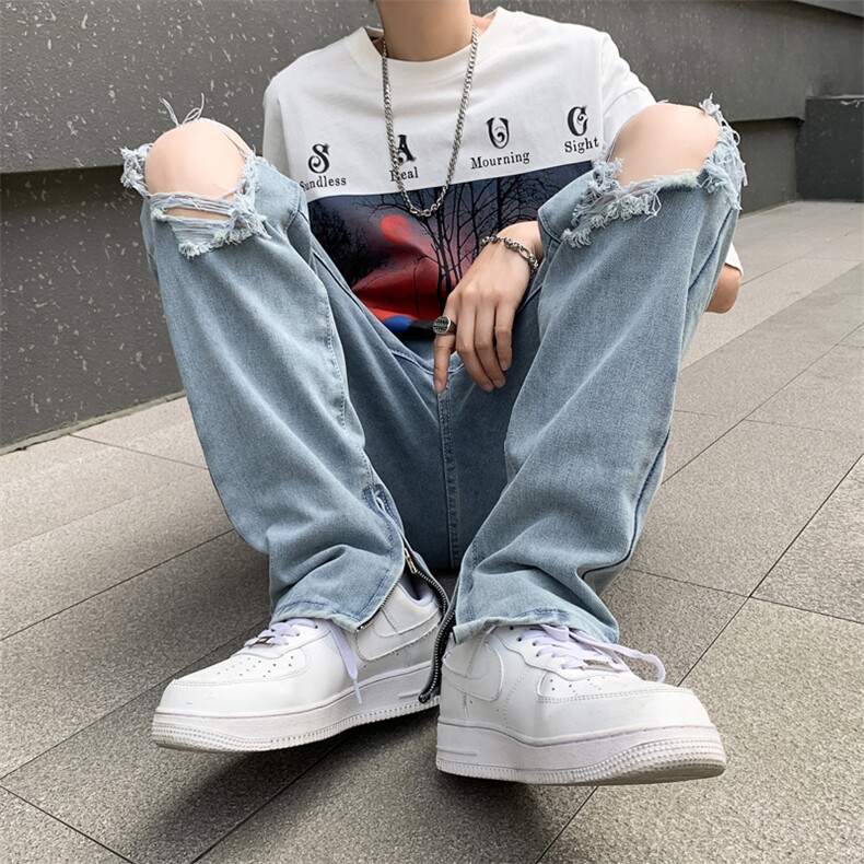 破洞牛仔裤男夏季美式潮牌侧边拉链开衩宽松直筒长裤N0114-P40图片