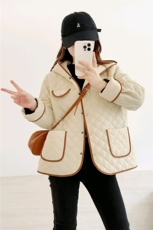 2025冬装新款修身保暖时尚菱形格个性拼接女士棉服外套，女装棉衣/棉服，江忆布依