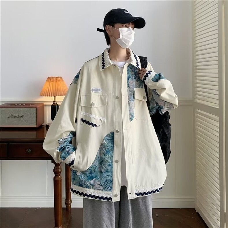 拼接休闲外套男春秋潮牌设计感小众潮高街大码美式复古工装夹克图片