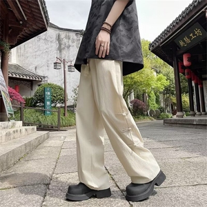 新中式风盘扣裤子男士夏季新款高级感垂感宽松直筒阔腿休闲长裤图片