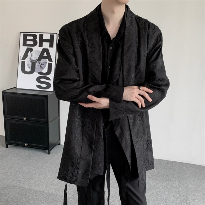 春装2025复古新中式飘带竹子提花叠层长袖衬衫大码男女外套汉服,男装衬衫,星座909