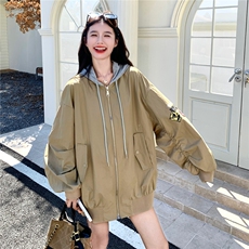 针织连帽拼接工装碎花宽松卡其色外套女春秋2025新款小个子巨好看，女装短外套，2C239