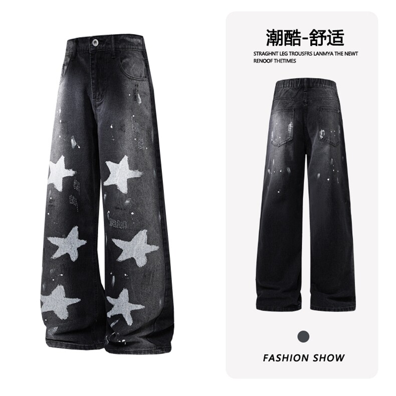 B221美式ins高街暗黑五角星宽松直筒牛仔裤LK25583-特P45控78,男装牛仔裤,电商B221