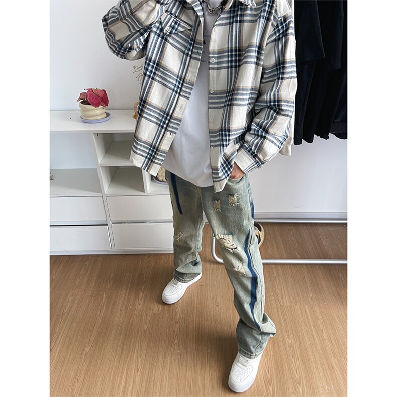 B221美式ins高街小众个性男女破洞牛仔裤LK23001-P65控88,男装牛仔裤,电商B221