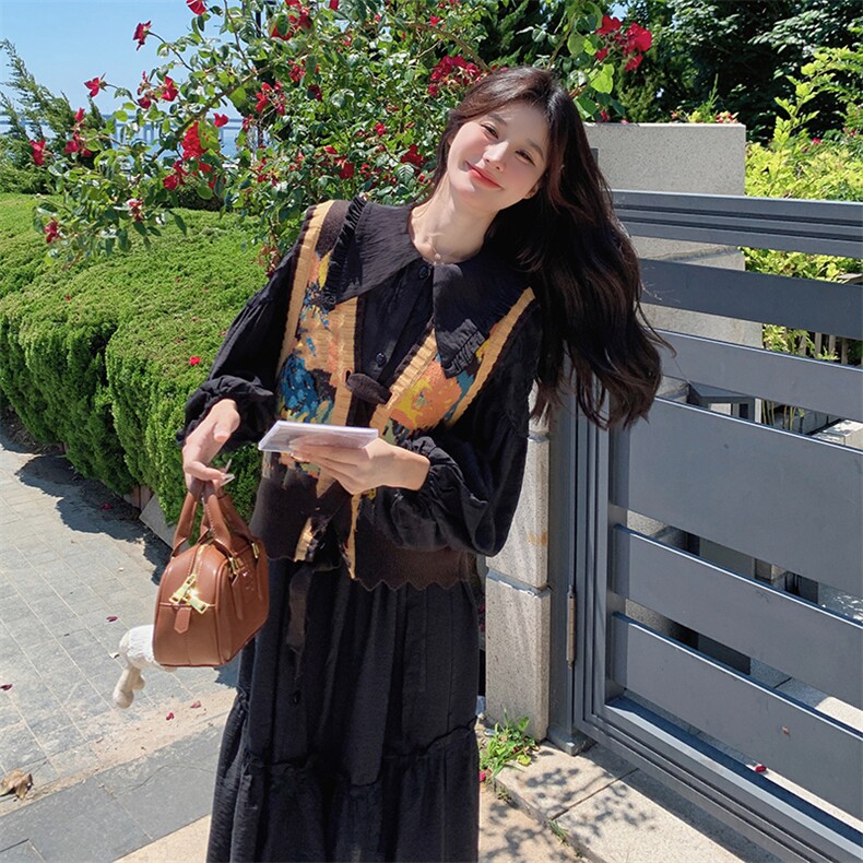 针织马甲黑色套装连衣裙女秋季2025新款娃娃领减龄显瘦时尚两件套,女装连衣裙,2C198