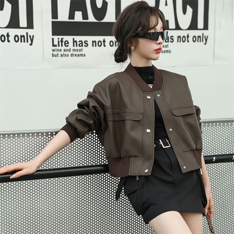 2024新款海宁皮衣女短款棒球服仿真绵羊皮夹克蝙蝠宽松拼接外套,女装皮衣,跑量工厂店