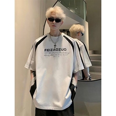 插肩袖t恤男款夏季美式机车服高级感t恤拼接潮牌小领口重磅上衣服，男装T恤，星座506A