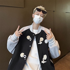 美式复古拼接撞色牛角扣毛呢棒球服夹克男秋季宽松情侣装外套，男装夹克，星座410-7