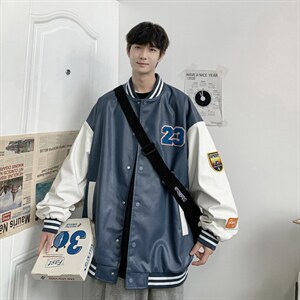 2035-P85港风春秋新款夹克男字母刺绣港风棒球服宽松休闲PU皮外套图片