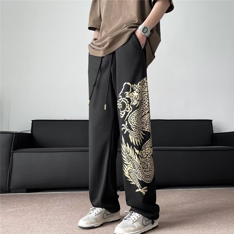 红色裤子男春秋运动卫裤直筒阔腿休闲长裤印花龙K9537,男装休闲裤,星座1116A-1（原606A）