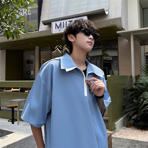 男士夏季冰丝凉感透气短袖衬衫美式青春拼色拼接设计感衬衫T恤图片