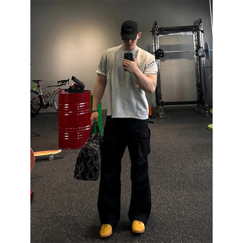 2025解构铆钉短袖男夏季硬汉褶皱冰感运动半袖美式设计感正肩T恤，男装T恤，星座506A