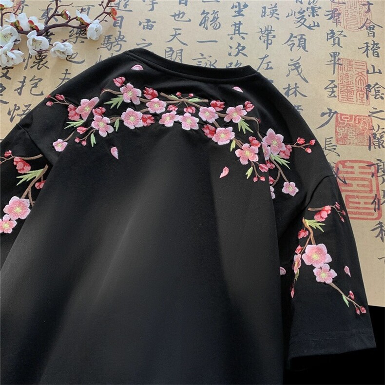 706-1-T387-P35现货夏季风梅花刺绣圆领短袖T恤情侣半袖上衣,男装T恤,星座706-1