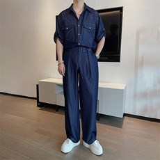 夏季垂感抗皱牛仔短袖衬衫套装高级衬衣裤子两件套TZ258-P140，男装衬衫，电商B267