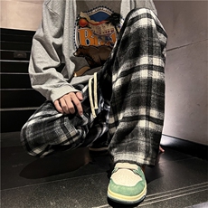 冬季加厚毛呢料格子休闲裤大码宽松直筒长裤子A017K603P58，男装休闲裤，电商A017