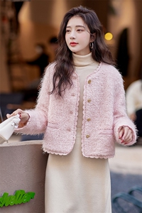 粉色甜美小香风羽绒服女短款2025冬季新款气质白鸭绒内胆毛呢外套图片