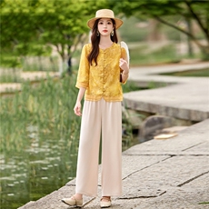 时尚洋气优雅套装女2026夏季新款复古气质宽松阔腿裤两件套，女装套装/套裙，衣之秀