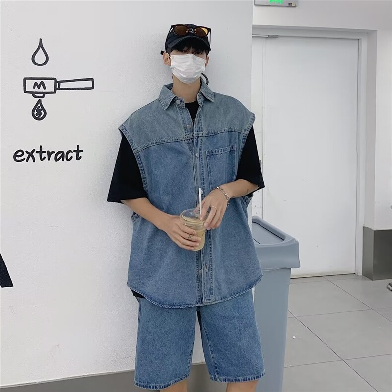 做旧渐变牛仔马甲短裤套装男时髦小众宽松背心两件套装T3733-P80,男装背心/马甲,星座1109-3