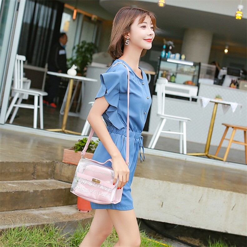 2021年夏季高腰荷叶边连体裤短裤圆领纯色修身显瘦百搭潮流,女装连体裤,诗贝淇