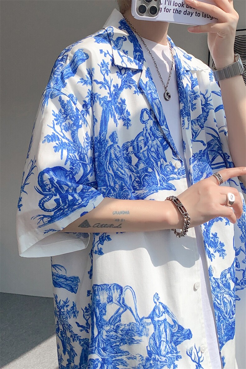 8XL-M天丝亚麻清爽晕染古巴领短袖衬衫男半截袖冰丝衬衣CS525P58,男装衬衫,电商D206-1