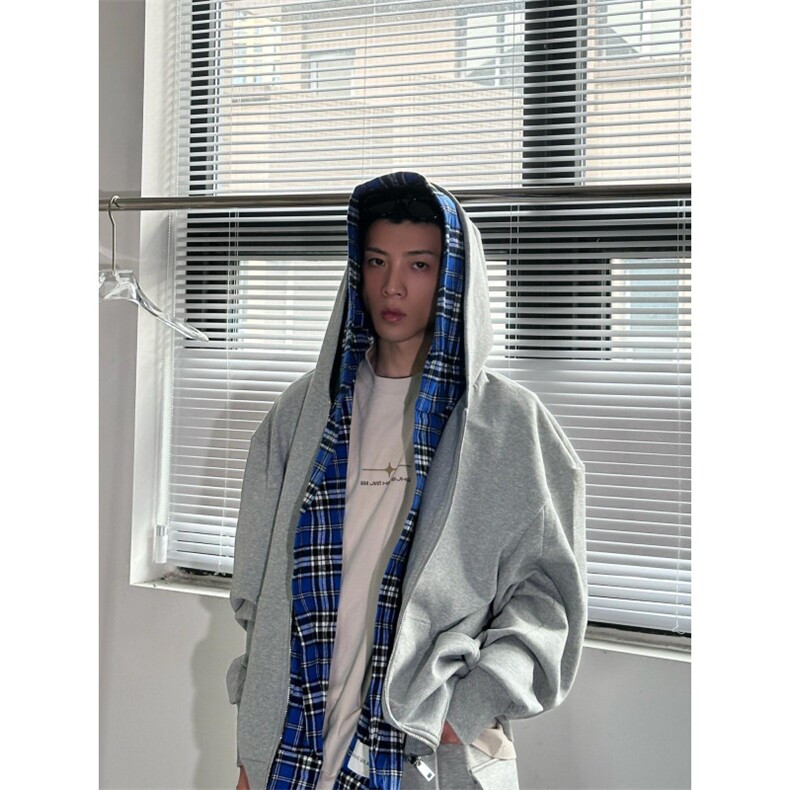 【有货】假两件格子拼接卫衣男款设计感连帽开衫外套JL97LL-特P68图片
