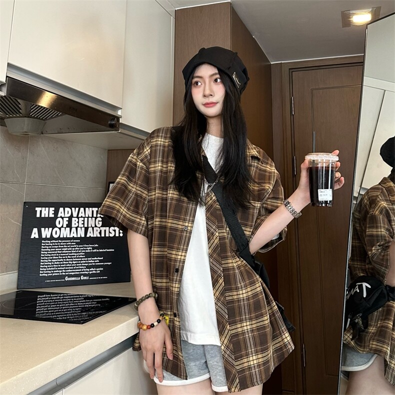港风大码美式复古贴袋格子翻领短袖衬衫男女XZ213-CS8806-P45控58,男装T恤,星座213
