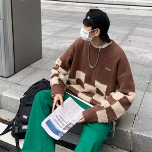 美式棋盘格毛衣男冬季高级感网红痞帅外套潮慵懒针织衫MY204P50图片