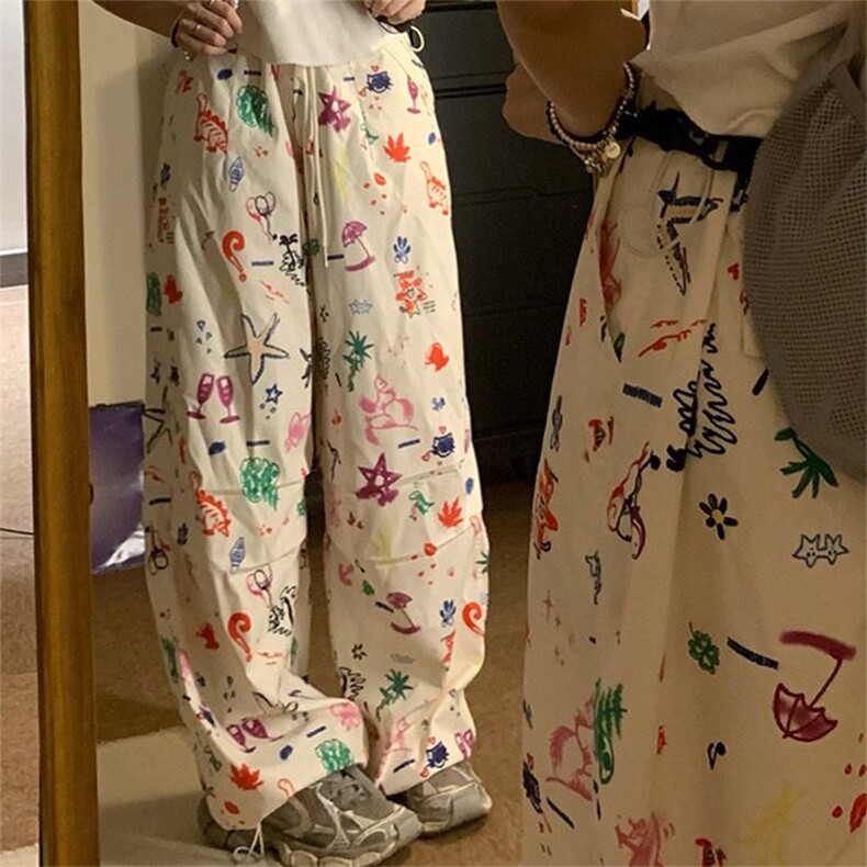 AK2411-p45美式复古hiphop趣味涂鸦满印工装裤子女宽松束脚长裤,女装休闲裤,星座617A-2