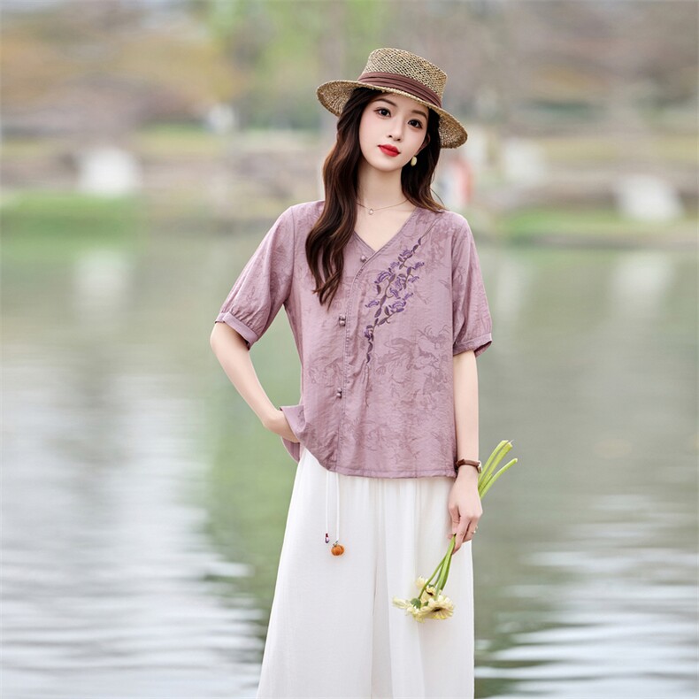 时尚优雅刺绣套装女2026夏季新款复古气质宽松阔腿裤两件套,女装套装/套裙,魅影