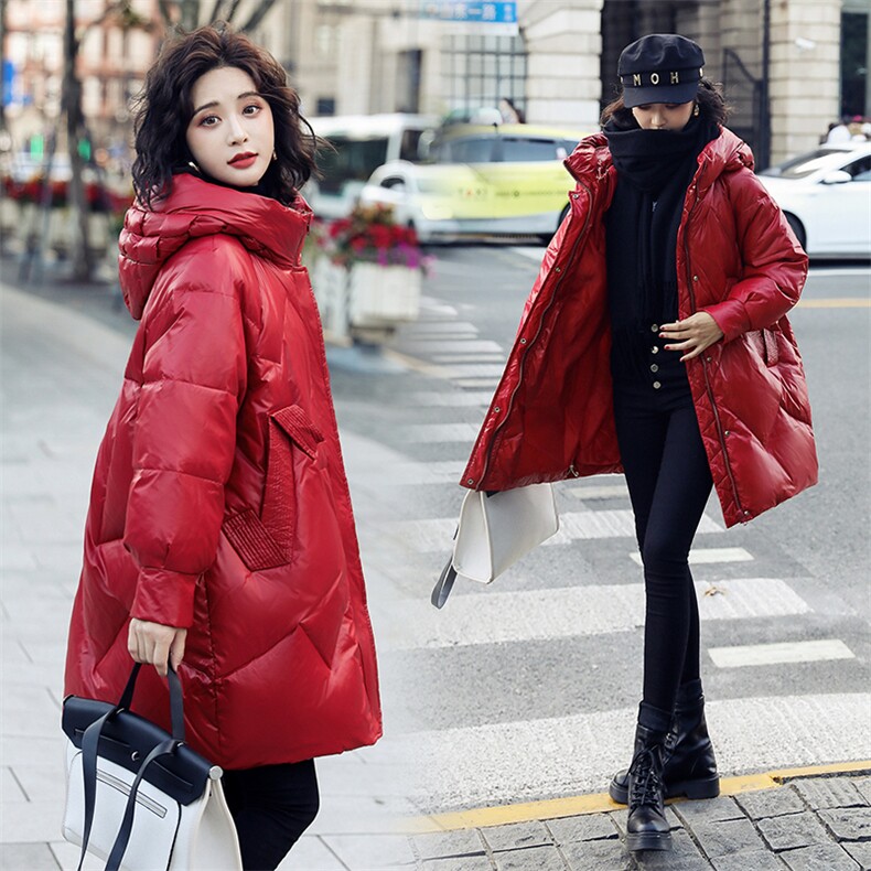 【现货】羽绒服女白鸭绒中长款冬装韩版宽松加厚拉链插肩袖，女装羽绒服，鑫源服饰