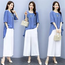 2021夏季新款简约气质圆领时尚宽松休闲舒适图案刺绣棉麻两件套，女装套装/套裙，众宇琦