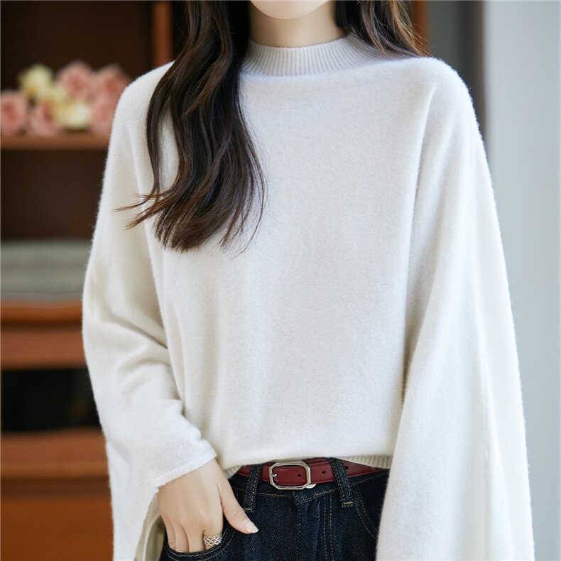 25春秋100%纯羊毛衫女半高领蝙蝠衫毛衣宽松慵懒风针织打底羊绒衫，披肩，越洋羊