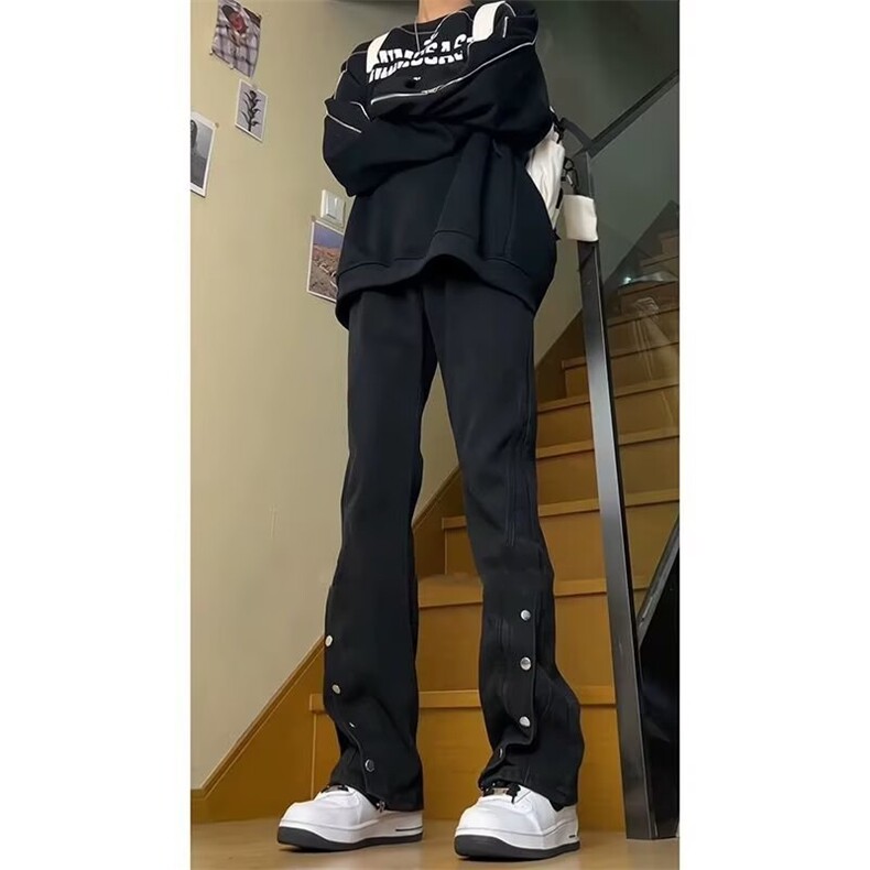 皮带款黑色高腰牛仔裤男夏季美式hiphop裤子高级感vibe微喇排扣裤图片