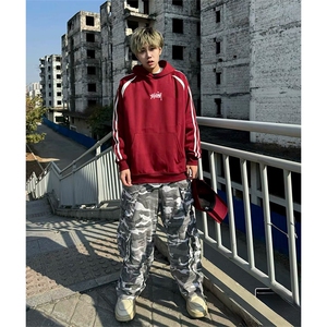 抖音得物品质 美式高街宽松结构拼接撞色连帽印花卫衣外套AW13305图片