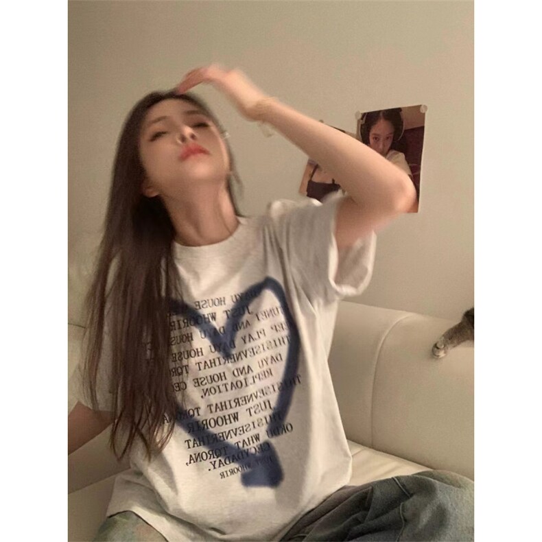 T0695-P25夏日少女爱心纯棉印花短袖花灰色高级感休闲百搭上衣,男装T恤,星座617A-2