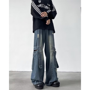 秋冬新款美式高街复古Hiphop百搭直筒破洞水洗牛仔裤男22611-p63图片