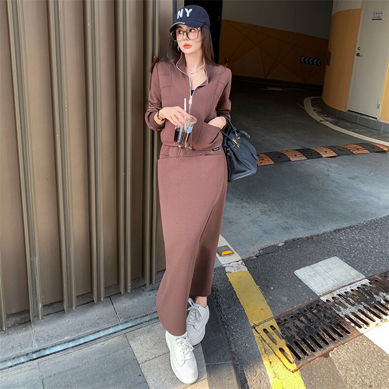 女秋季收腰立领开衫卫衣开叉半身裙两件套,女装套装/套裙,江南