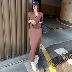 女秋季收腰立领开衫卫衣开叉半身裙两件套，女装套装/套裙，江南