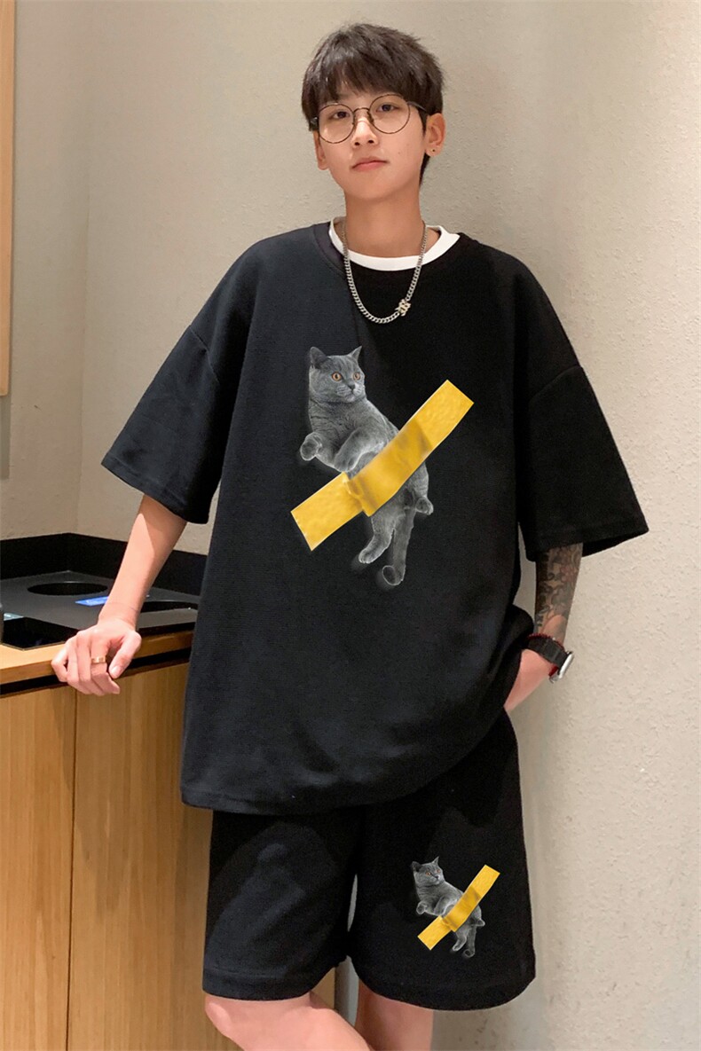 ！2025夏季新款男士华夫格短袖T恤套装学生一套HTZ95P50,男装T恤,电商B220