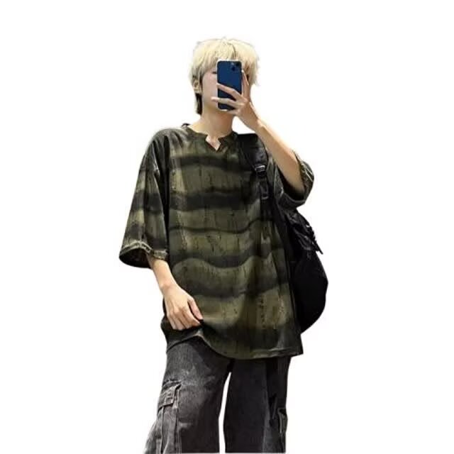 设计感v领条纹破洞t恤男款夏季短袖美式高街痞帅古着vintage衣服,男装T恤,星座506A