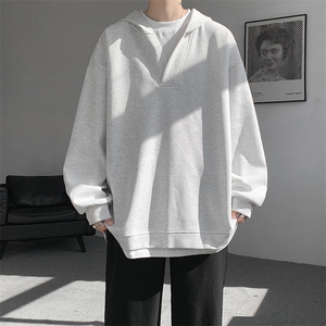 8XL-M叠穿假两件卫衣重磅连帽V领拼接套头衫宽松大码外套WY006P65图片