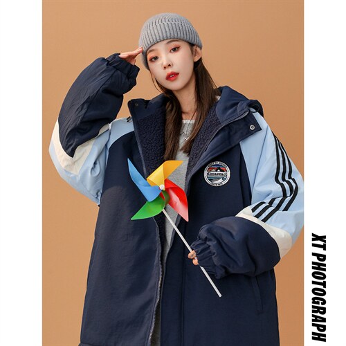 中性韩版校园拼色加厚连帽棉衣棉服216-2-BK50-P128控158藏青，女装棉衣/棉服，星座716-1