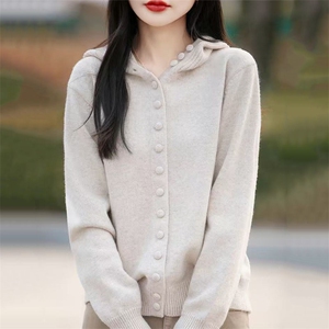 欧货连帽浅米色羊毛长袖针织开衫毛衣女2025春季新款减龄休闲上衣图片