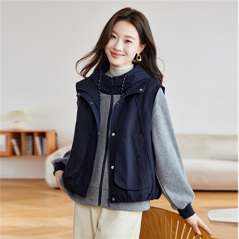 夹棉加厚马甲棉服女2025秋冬新款时尚休闲百搭叠穿连帽卫衣两件套,女装棉衣/棉服,慕咨