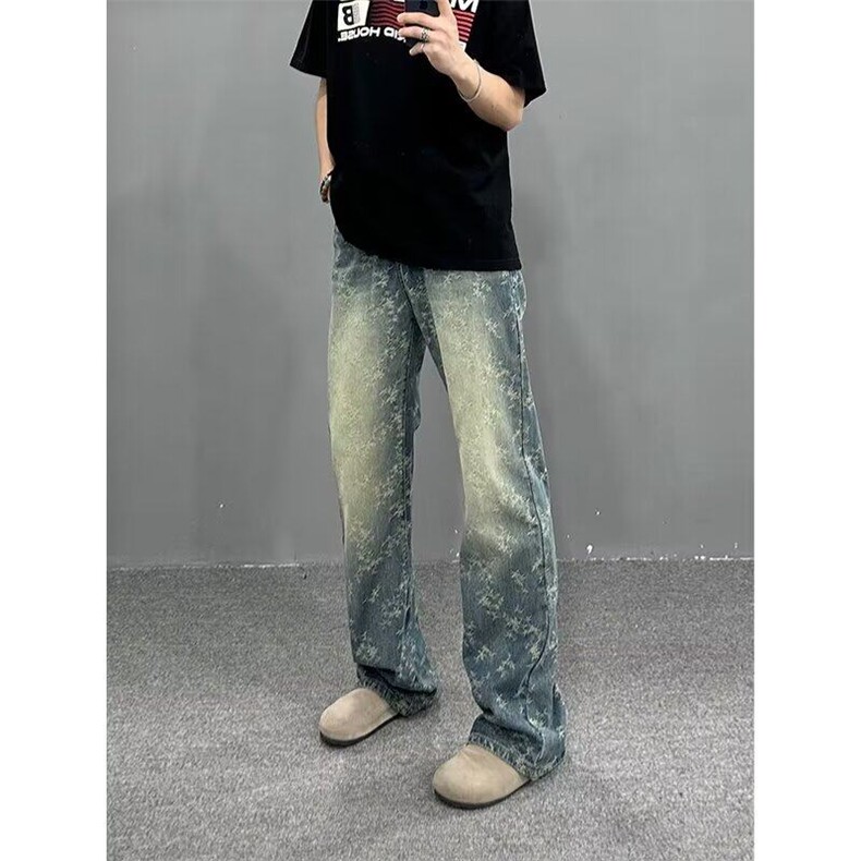 复古蓝提花牛仔裤男美式高街vibe裤子秋冬cleanfit修,男装牛仔裤,星座218-1（原230）